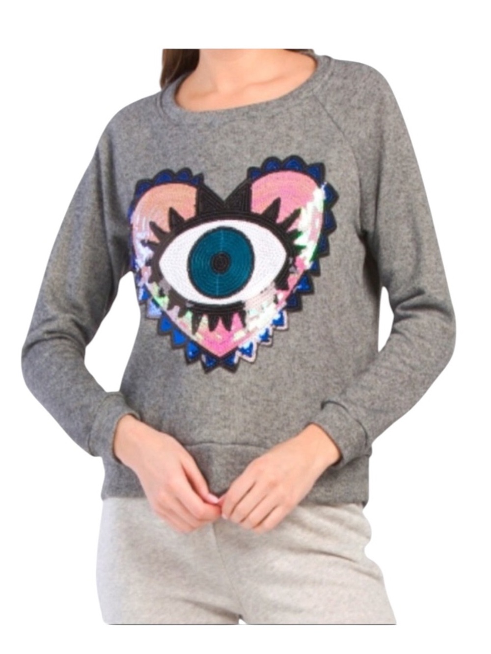 MELISSA MASSE Sequin Heart Evil Eye sweatshirt NEW M Gray